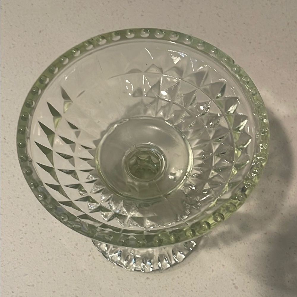 Green Glass Compote Dish with Scalloped Edge and Diamond Pattern - Picture 2 of 3